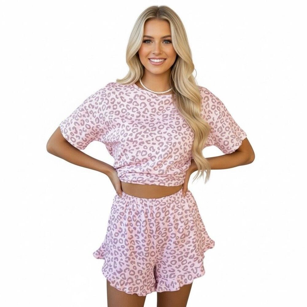 Emmanuelle Pajama Set Womens Size L Pink Leopard Print Short Sleeve Top